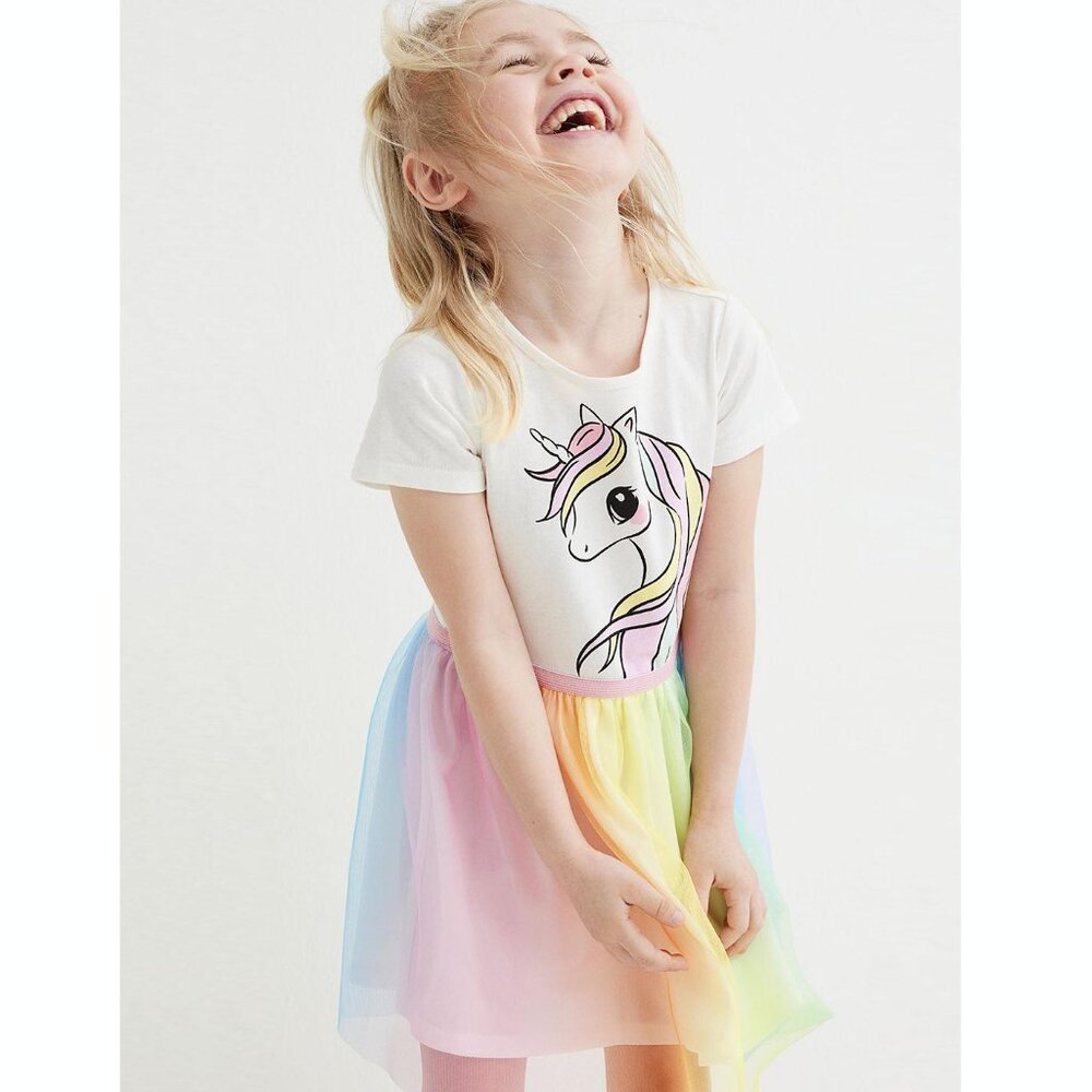 H&M Girls Printed Cotton Unicorn Pink Rainbow Tulle Skirt Dress 6-7 years